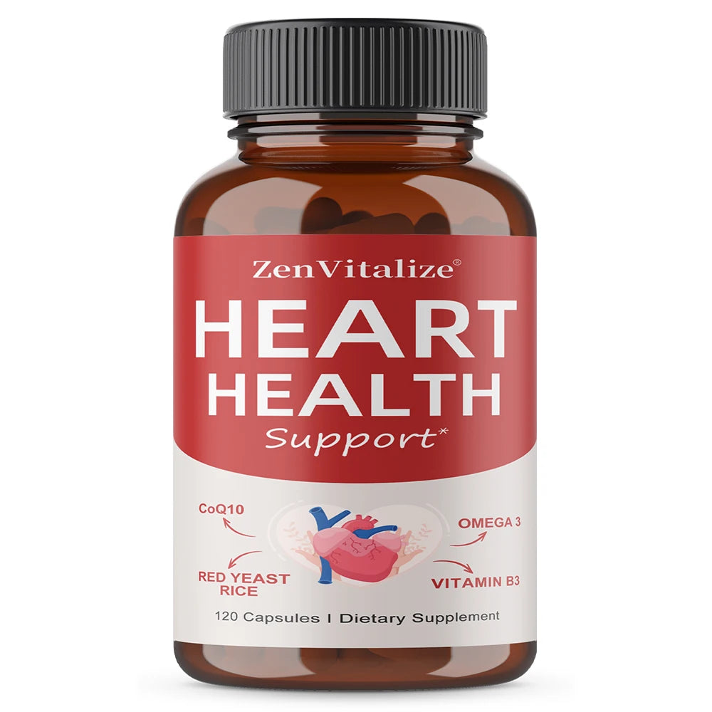 Heart Health Support Supplement - CoQ10, Omega 3, Red Yeast Rice, Vitamin B3, Promotes Healthy Cholesterol Levels - Non-GMO